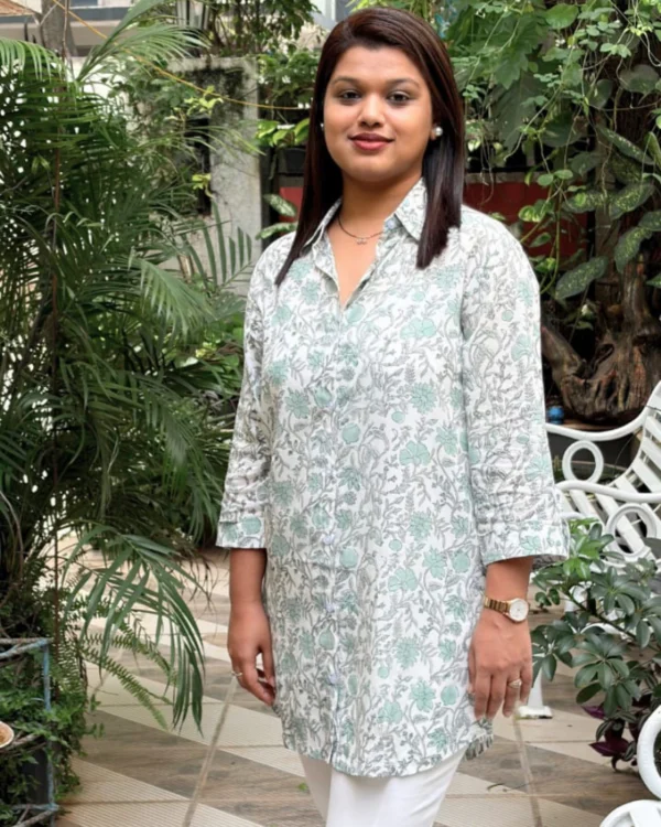 Product3 (2) Sage Green & White Hand Block Print Modal Cotton Shirt Kurti