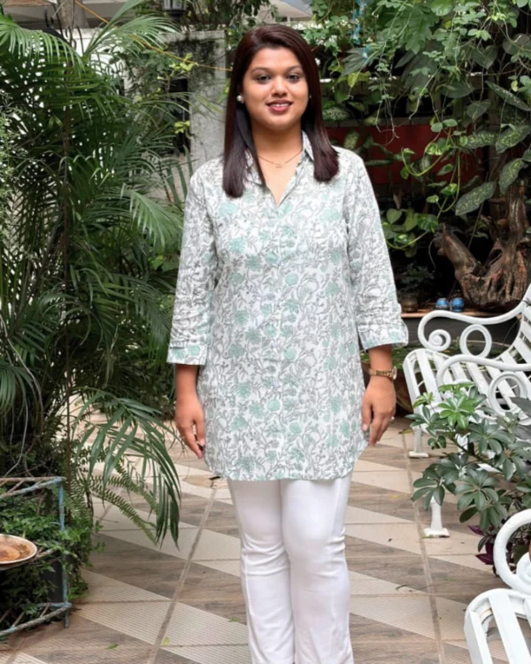 Product3 (3) Sage Green & White Hand Block Print Modal Cotton Shirt Kurti