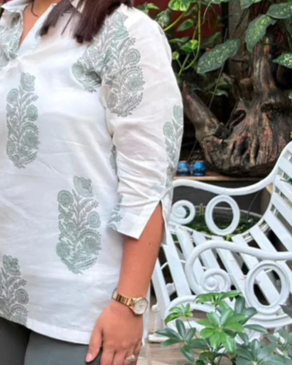 Sage Green & White Hand Block Print Modal Cotton Short Kurti