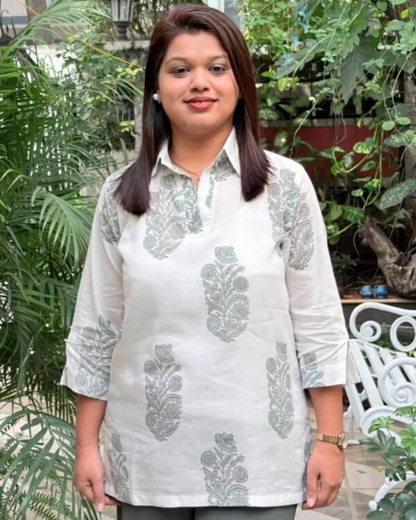 Sage Green & White Hand Block Print Modal Cotton Short Kurti