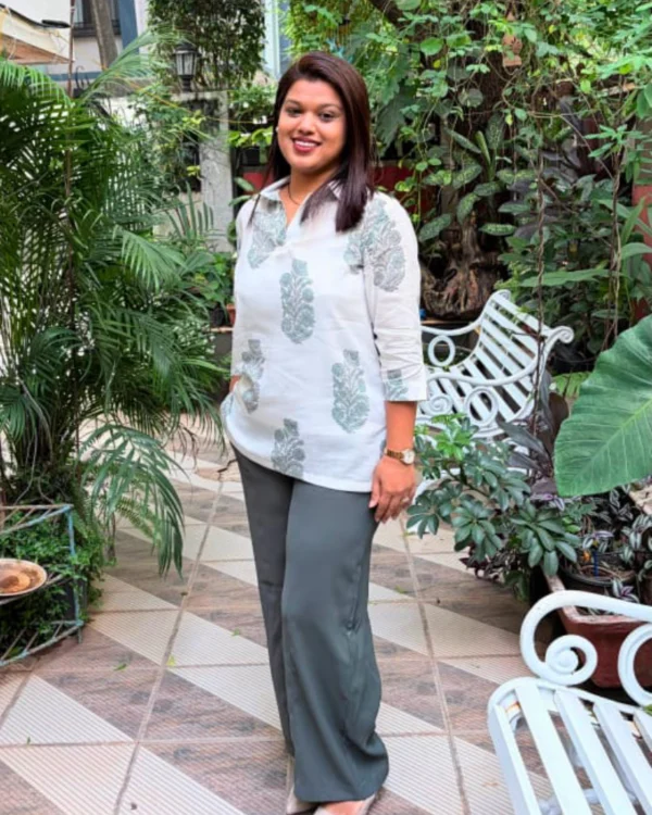 Sage Green & White Hand Block Print Modal Cotton Short Kurti
