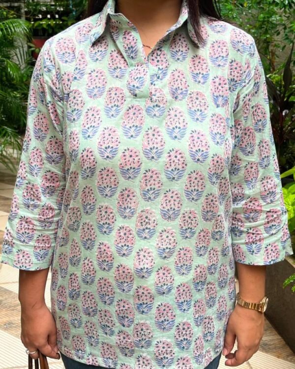 Pastel Mint Hand Block Print Mul Cotton Short Kurti