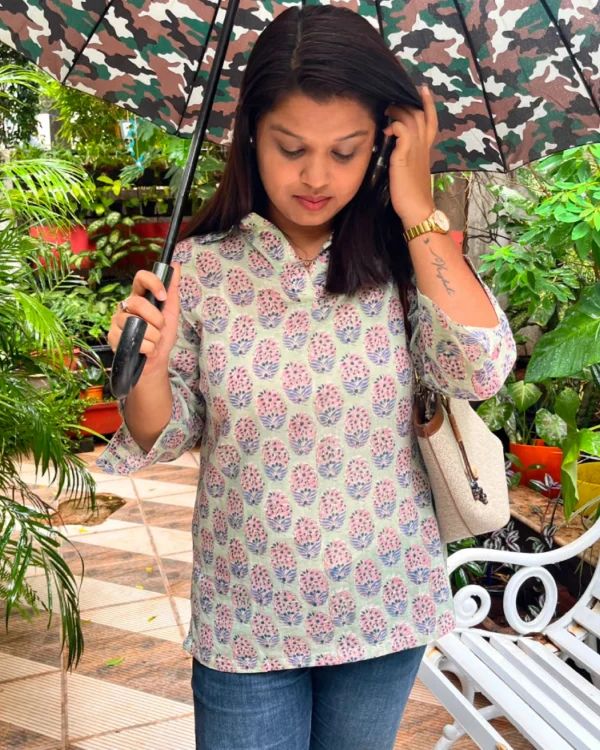 Pastel Mint Hand Block Print Mul Cotton Short Kurti