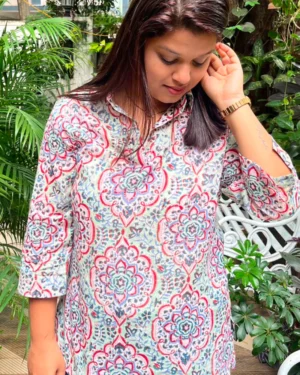 Greyish Sage Green Hand Block Print Mul Cotton Short Kurti