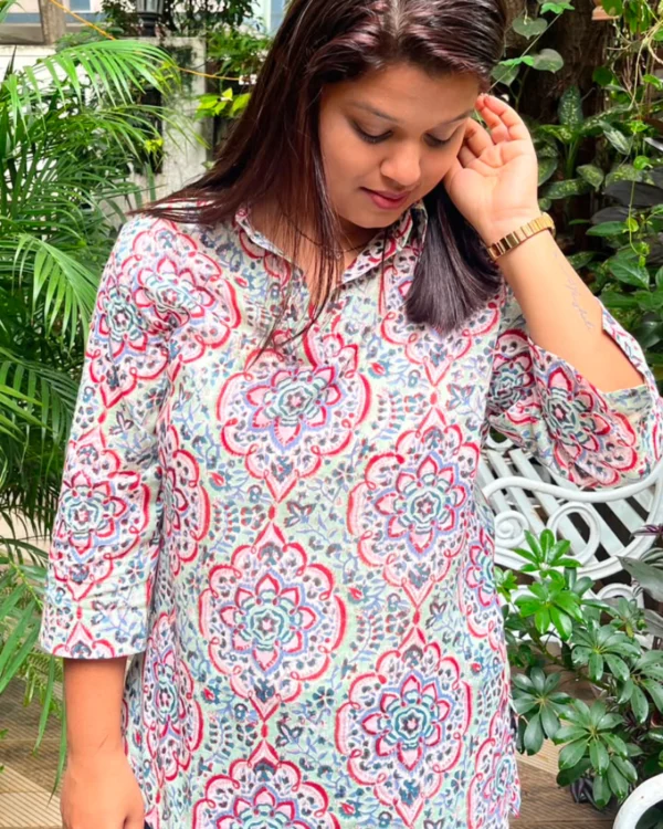 Product6 (2) Greyish Sage Green Hand Block Print Mul Cotton Short Kurti