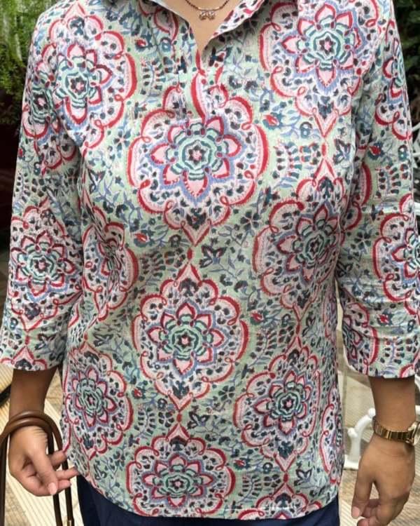 Product6 (3) Greyish Sage Green Hand Block Print Mul Cotton Short Kurti