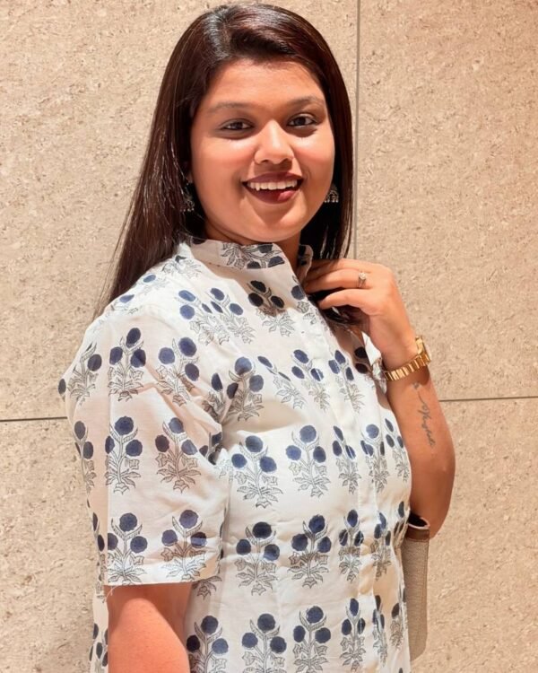 Blue & White Chanderi Cotton Flower Butti Straight Long Kurti
