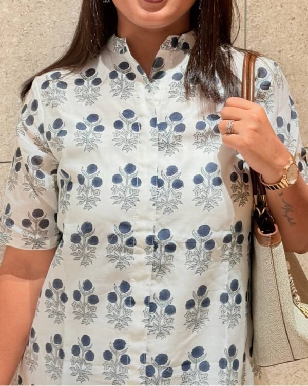 Blue & White Chanderi Cotton Flower Butti Straight Long Kurti