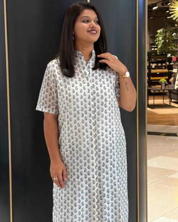 Blue & White Chanderi Cotton Small Butti Straight Long Kurti