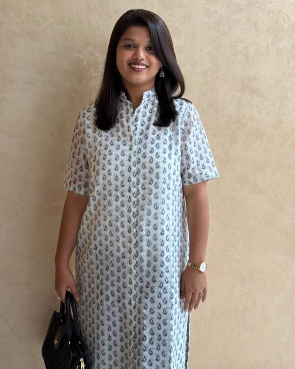 Blue & White Chanderi Cotton Small Butti Straight Long Kurti