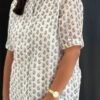 Blue & White Chanderi Cotton Small Butti Straight Long Kurti