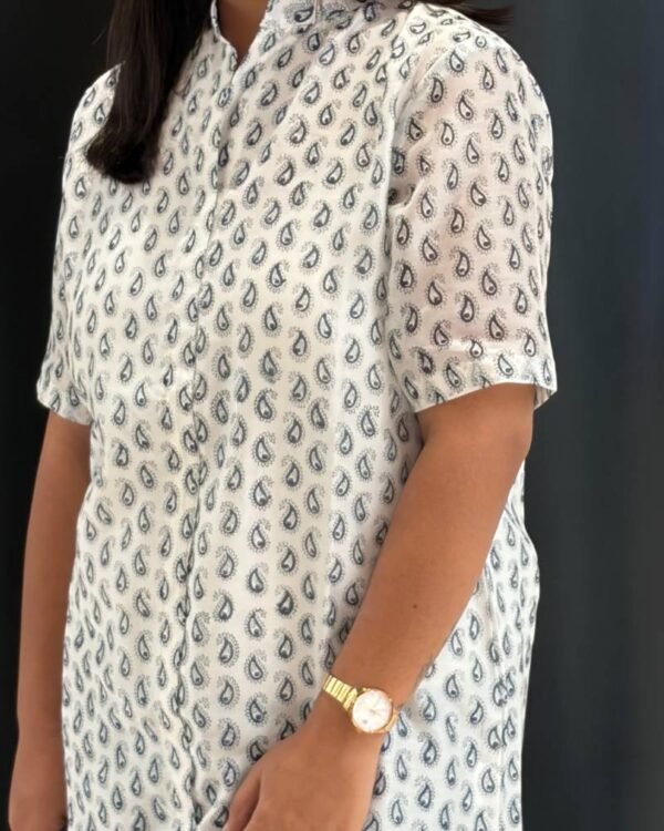 Blue & White Chanderi Cotton Small Butti Straight Long Kurti