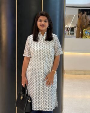 Blue & White Chanderi Cotton Small Butti Straight Long Kurti