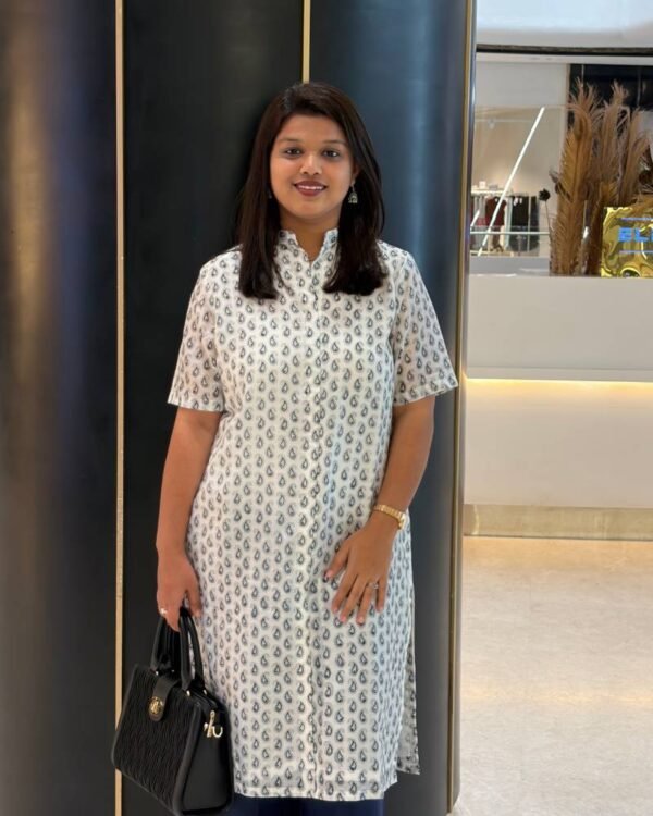 Blue & White Chanderi Cotton Small Butti Straight Long Kurti