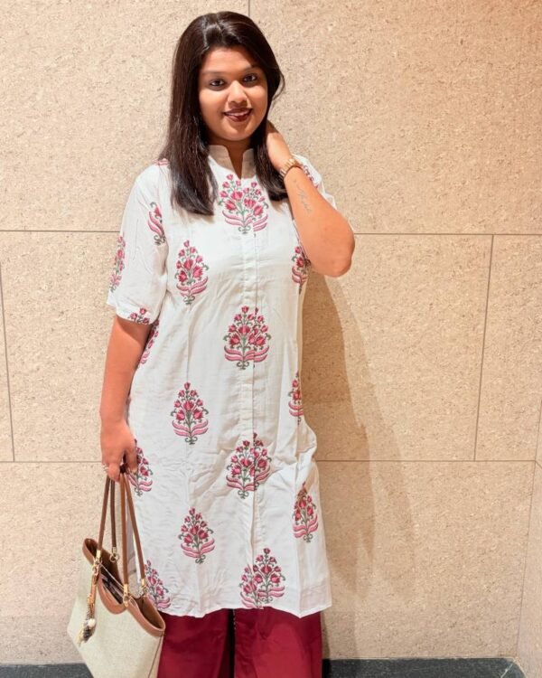 Pink & Maroon Floral Silk Cotton Straight Long Kurti