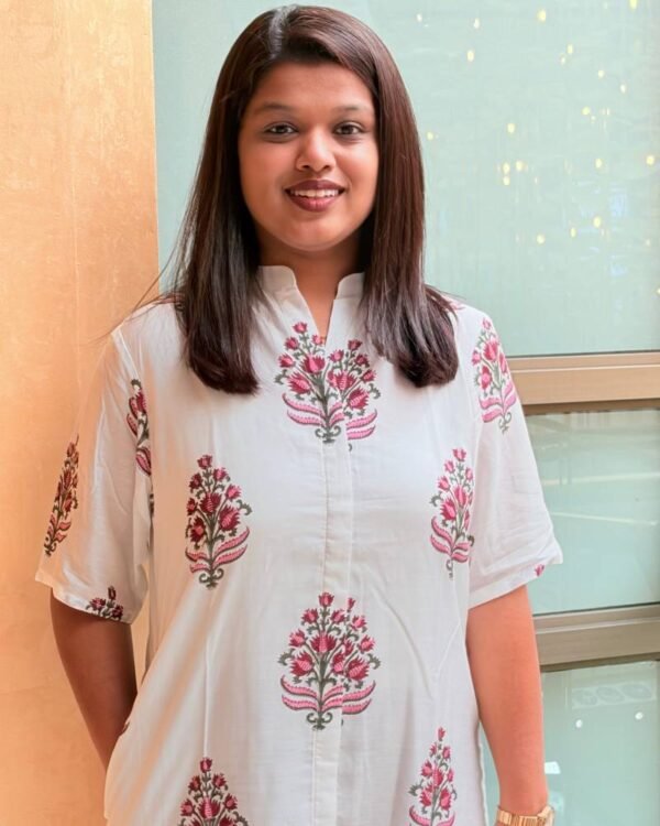 Pink & Maroon Floral Silk Cotton Straight Long Kurti