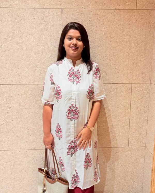 Pink & Maroon Floral Silk Cotton Straight Long Kurti
