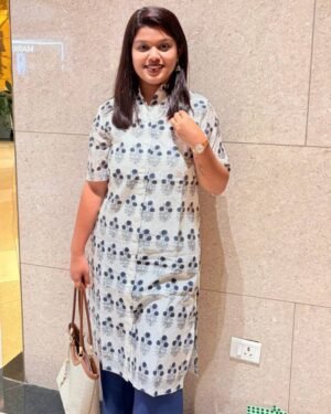 Blue & White Chanderi Cotton Flower Butti Straight Long Kurti