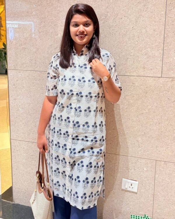 Blue & White Chanderi Cotton Flower Butti Straight Long Kurti