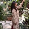 Ajrakh Modal Silk Long Kurti – Beige & Maroon (1) Hand block Modal Silk Long Kurti – Beige & Maroon color print