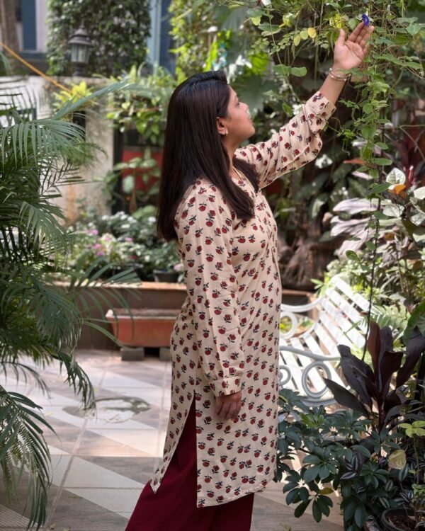 Ajrakh Modal Silk Long Kurti – Beige & Maroon (1) Hand block Modal Silk Long Kurti – Beige & Maroon color print