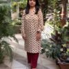Ajrakh Modal Silk Long Kurti – Beige & Maroon Hand block Modal Silk Long Kurti – Beige & Maroon color print