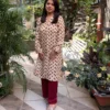 Ajrakh Modal Silk Long Kurti – Beige & Maroon Hand block Modal Silk Long Kurti – Beige & Maroon color print