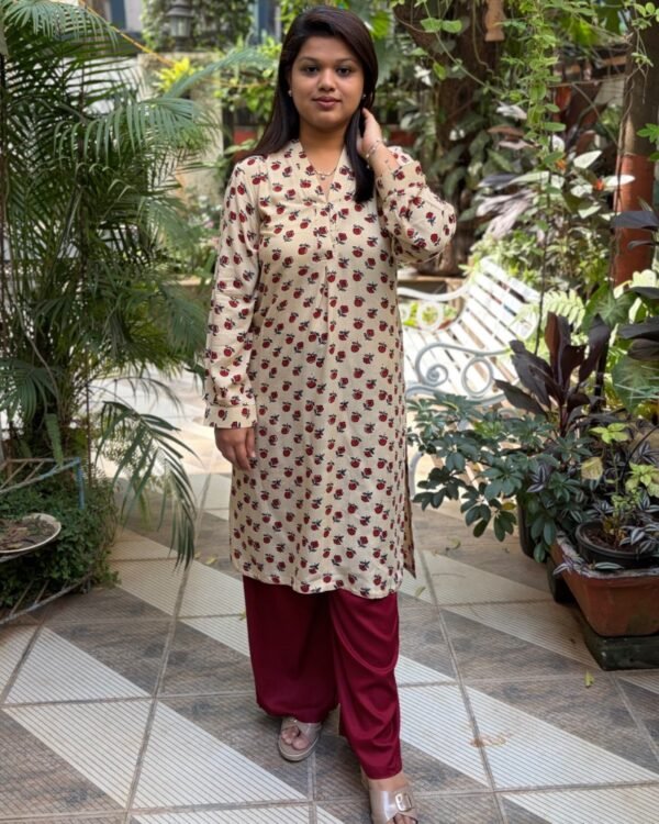 Ajrakh Modal Silk Long Kurti – Beige & Maroon (2) Hand block Modal Silk Long Kurti – Beige & Maroon color print