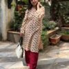 Ajrakh Modal Silk Long Kurti – Beige & Maroon (3) Hand block Modal Silk Long Kurti – Beige & Maroon color print