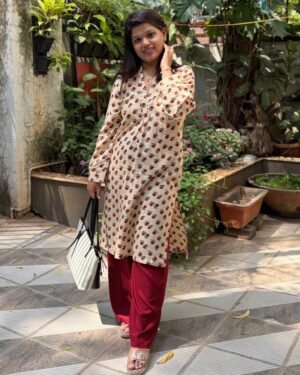 Hand block Modal Silk Long Kurti – Beige & Maroon color print