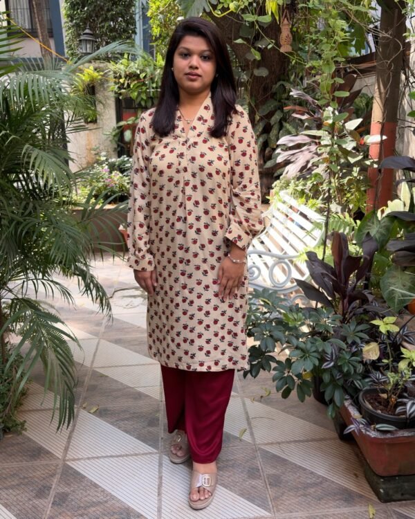 Ajrakh Modal Silk Long Kurti – Beige & Maroon Hand block Modal Silk Long Kurti – Beige & Maroon color print