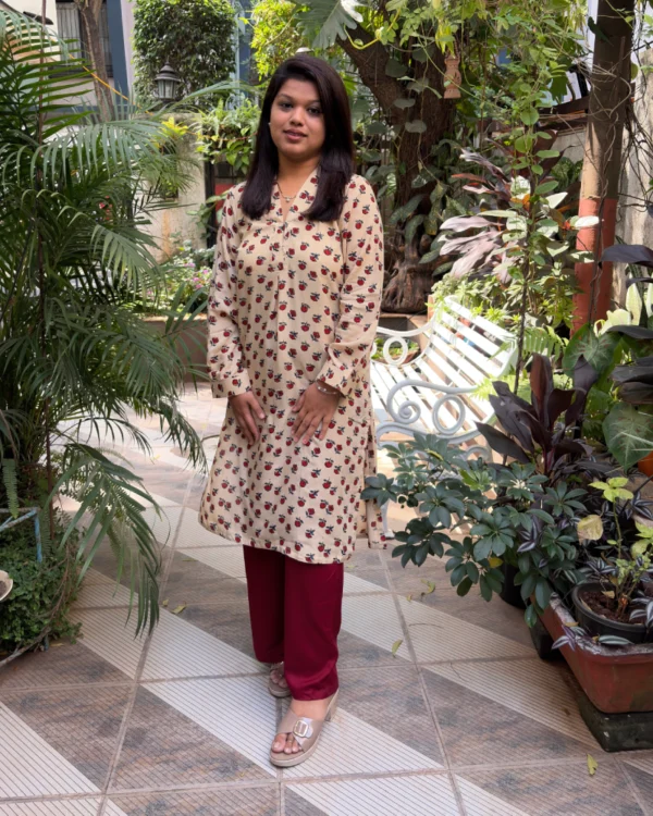 Ajrakh Modal Silk Long Kurti – Beige & Maroon Hand block Modal Silk Long Kurti – Beige & Maroon color print